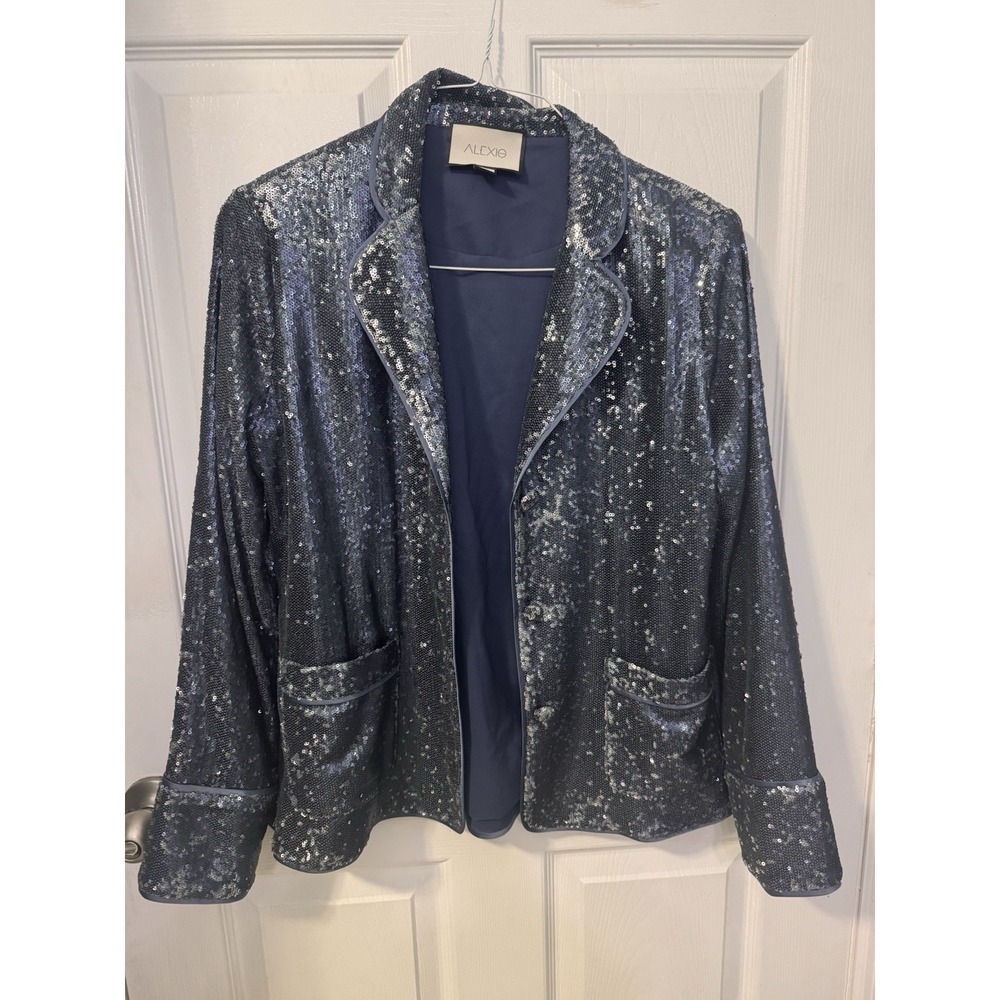 Alexis Ripley Blue Sequin Blazer Jacket Smooth Lining Women's M Party Sparkly
